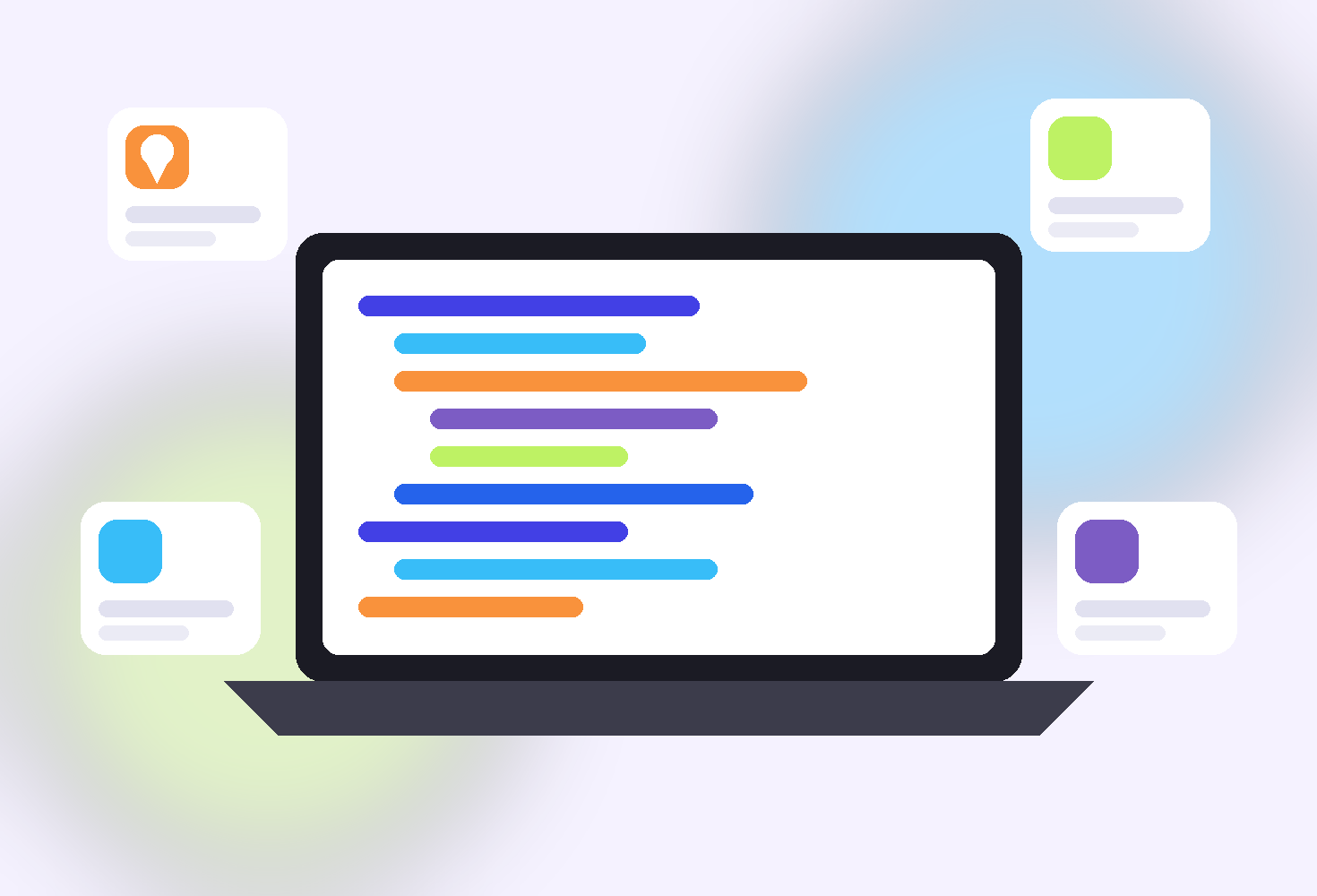 Illustration of an Android developer building map, translation and learning features