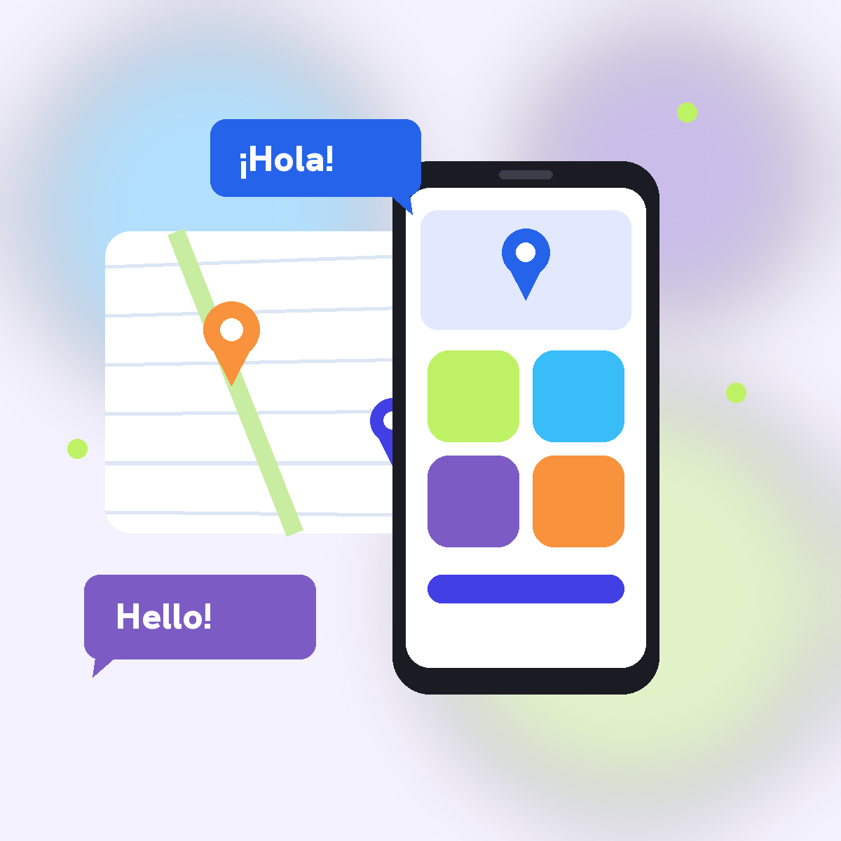 Illustration of people using Android apps for maps, translation and learning